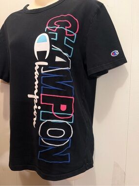 Vintage Y2K 90s Champion Neon Spellout Embroidered Black Tee 41" Chest 2000s